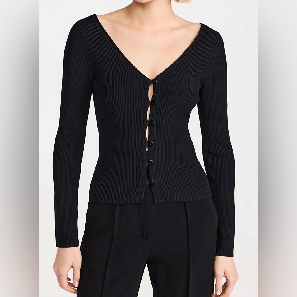 Black Ribbed Long-Sleeve Button Front Top - Women
